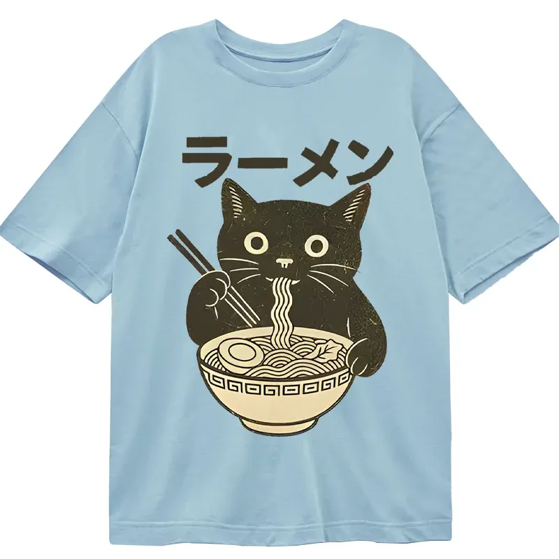 Tokyo-Tiger Simple Black Cat Eating Ramen Classic T-Shirt
