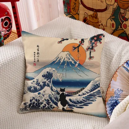 Tokyo-Tiger Cat Looking At The Great Wave Cushion Pillow