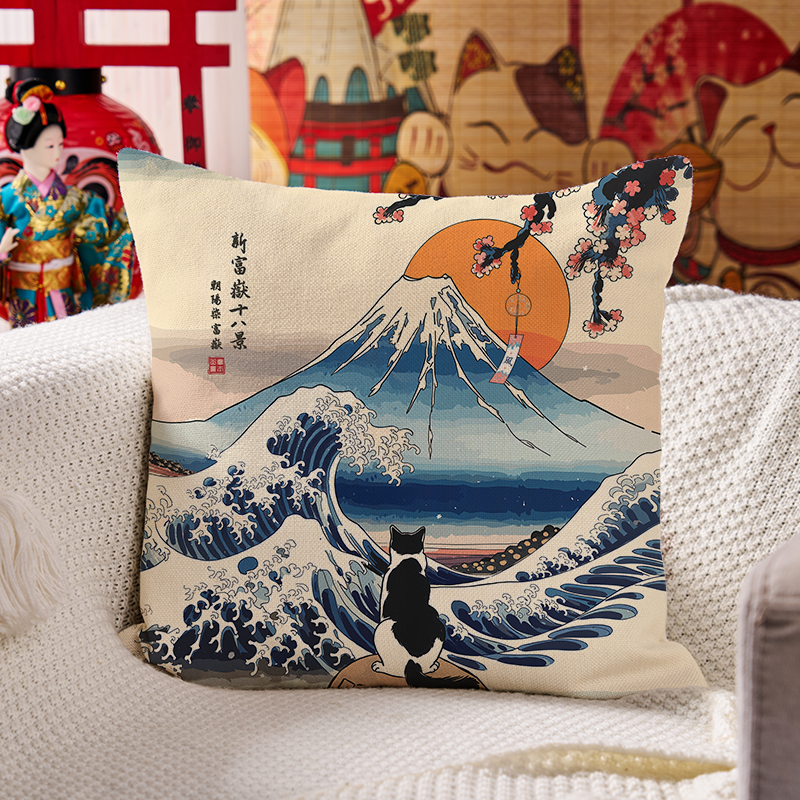 Tokyo-Tiger Cat Looking At The Great Wave Cushion Pillow