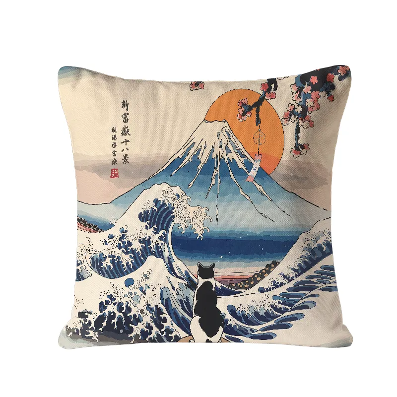 Tokyo-Tiger Cat Looking At The Great Wave Cushion Pillow