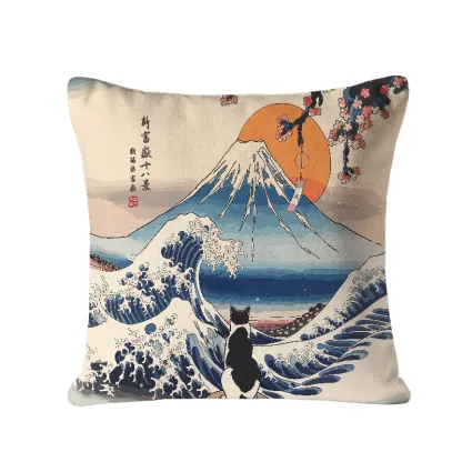 Tokyo-Tiger Cat Looking At The Great Wave Cushion Pillow