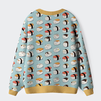 Tokyo-Tiger Funny Cat Sushi Ugly Cardigan Sweater