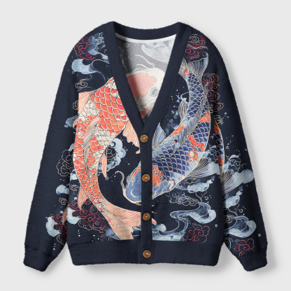 Tokyo-Tiger Two Koi Carps Ugly Cardigan Sweater