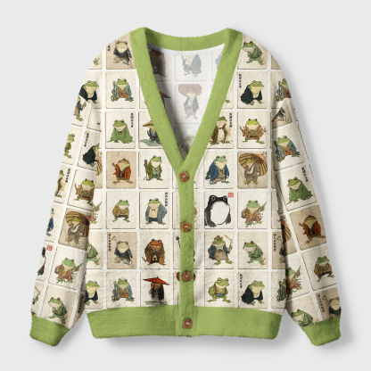 Tokyo-Tiger Frogs Of The Samurai Realm Ugly Cardigan Sweater