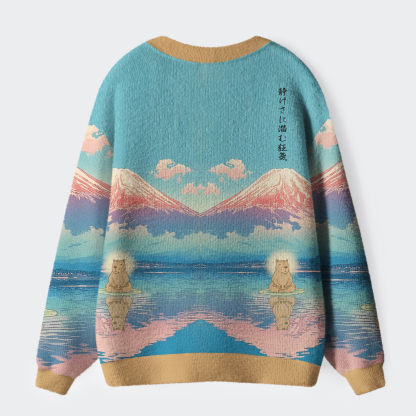 Tokyo-Tiger Zen Whispers Of Capybara And Fuji Ugly Cardigan Sweater