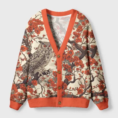 Tokyo-Tiger Owl And Plum Blossom Ugly Cardigan Sweater