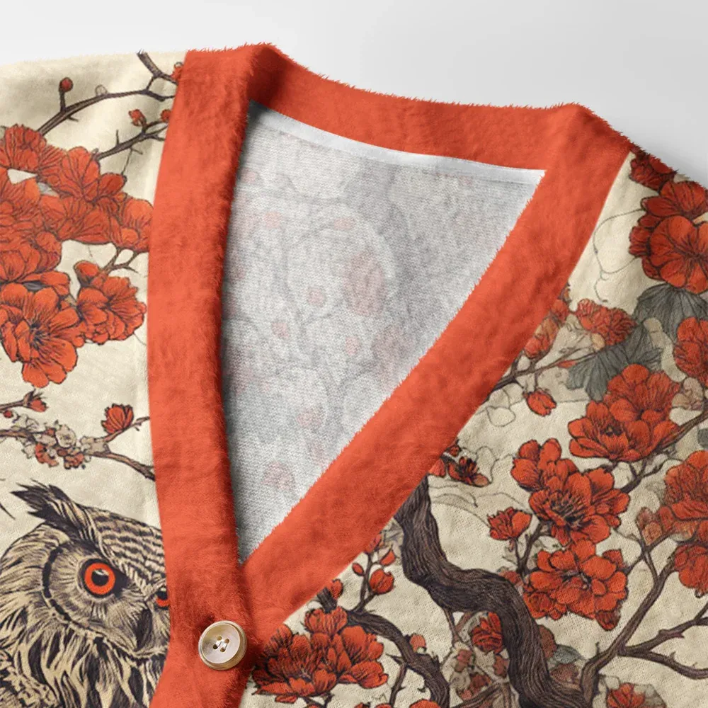 Tokyo-Tiger Owl And Plum Blossom Ugly Cardigan Sweater