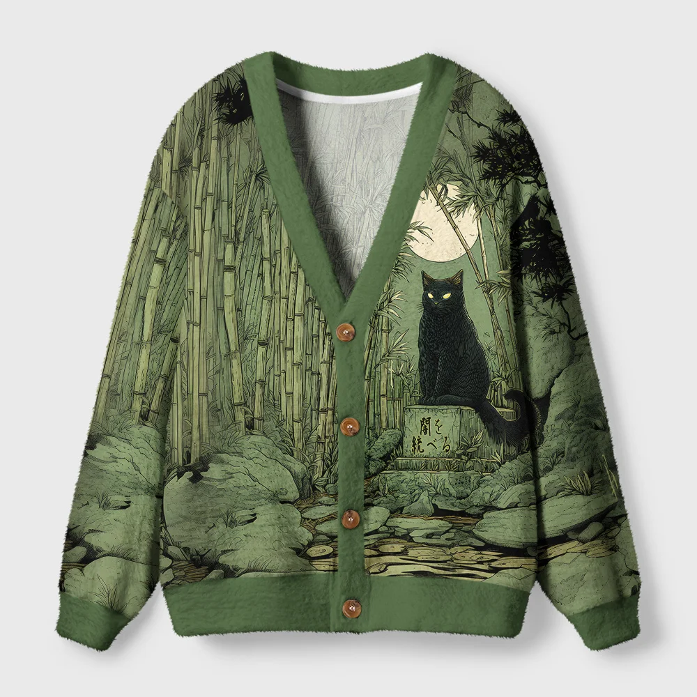 Tokyo-Tiger Cat Under The Moon Ugly Cardigan Sweater