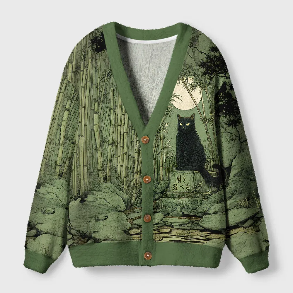 Tokyo-Tiger Cat Under The Moon Ugly Cardigan Sweater