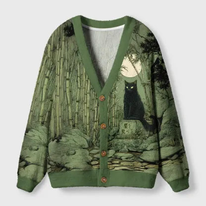 Tokyo-Tiger Cat Under The Moon Ugly Cardigan Sweater