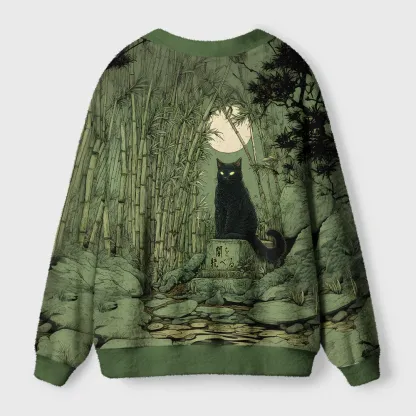 Tokyo-Tiger Cat Under The Moon Ugly Cardigan Sweater