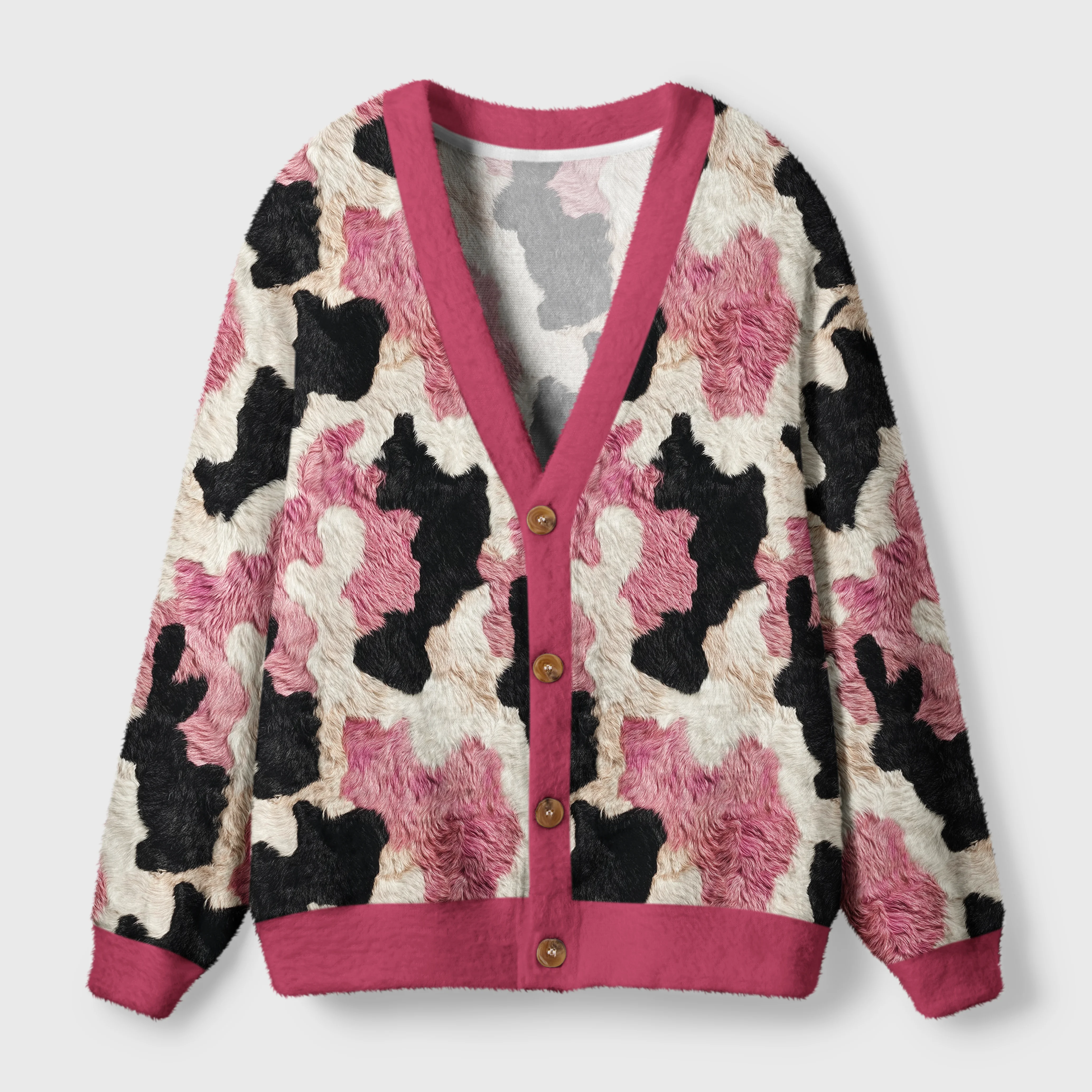 Tokyo-Tiger Pink-Patch Pastures: Whimsical Cow Print Ugly Cardigan Sweater