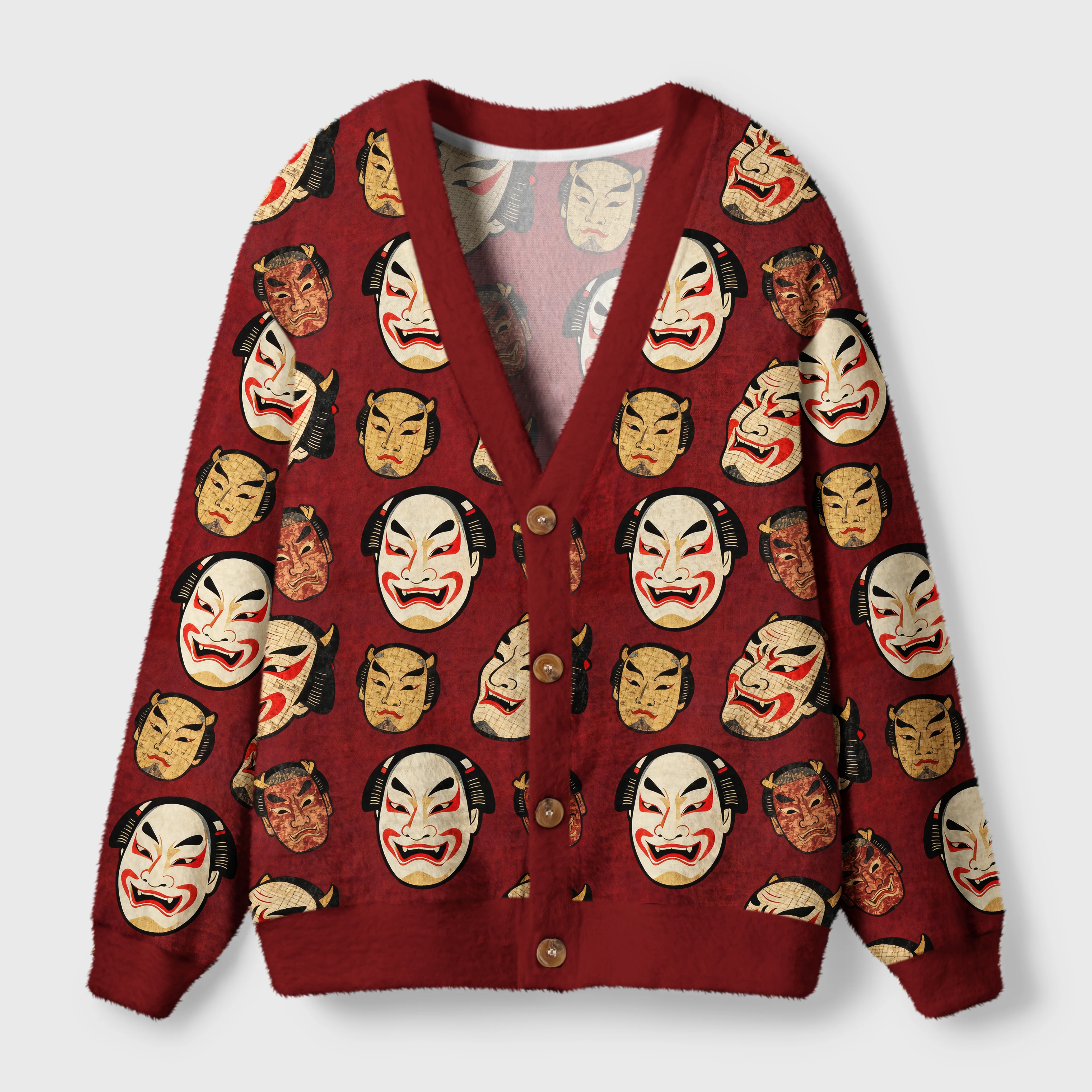 Tokyo-Tiger Japanese Mask Ugly Cardigan Sweater