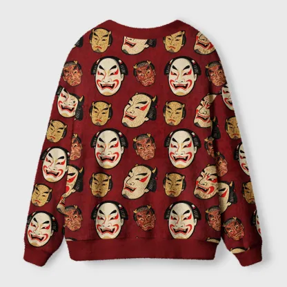 Tokyo-Tiger Japanese Mask Ugly Cardigan Sweater