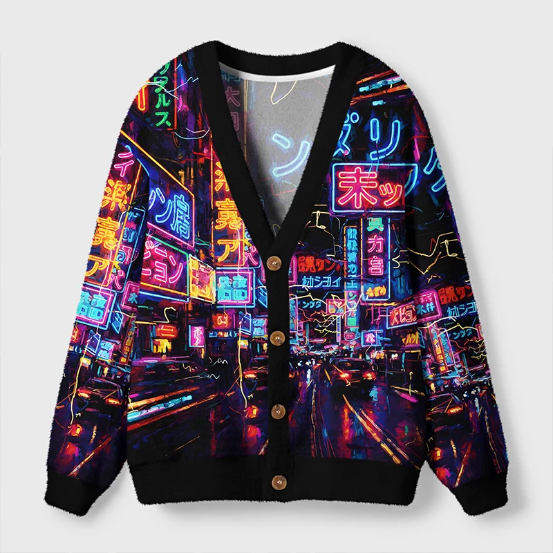 Tokyo-Tiger Tokyo Street Scene Ugly Cardigan Sweater