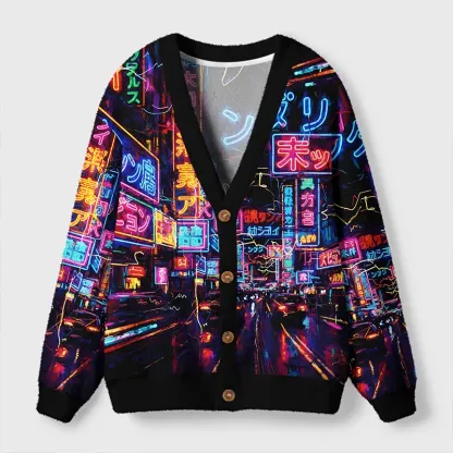 Tokyo-Tiger Tokyo Street Scene Ugly Cardigan Sweater
