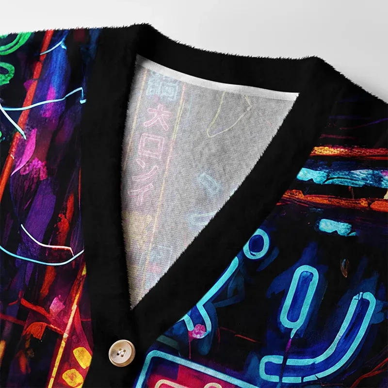 Tokyo-Tiger Tokyo Street Scene Ugly Cardigan Sweater