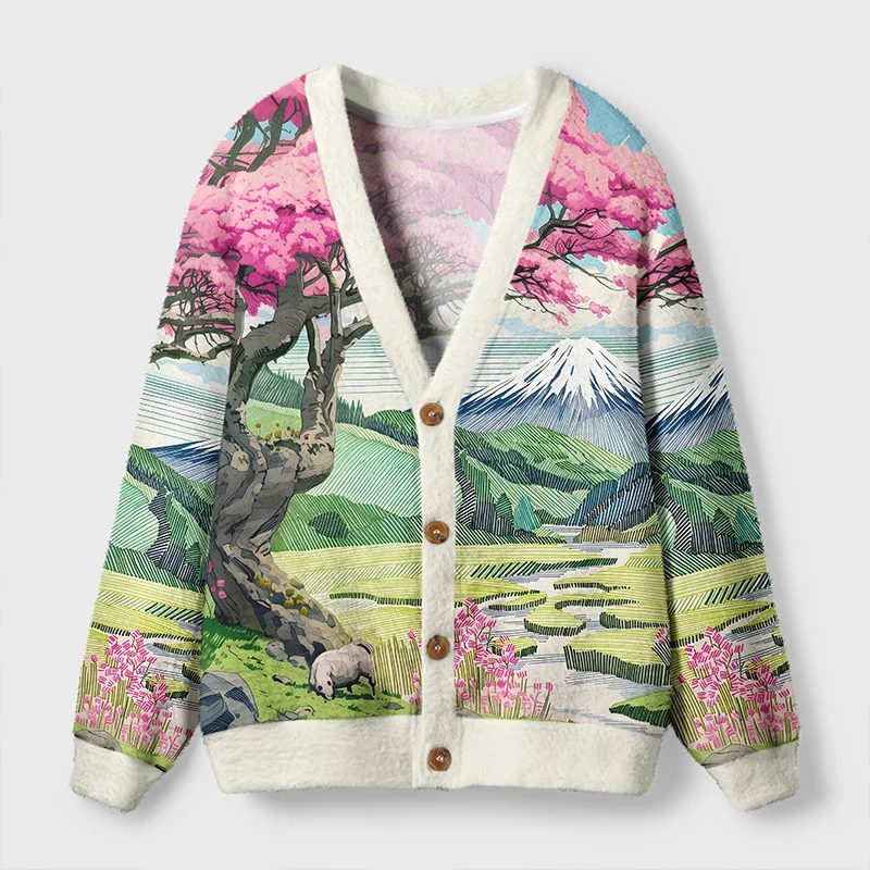Tokyo-Tiger Mount Fuji In Spring Ugly Cardigan Sweater