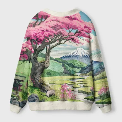 Tokyo-Tiger Mount Fuji In Spring Ugly Cardigan Sweater