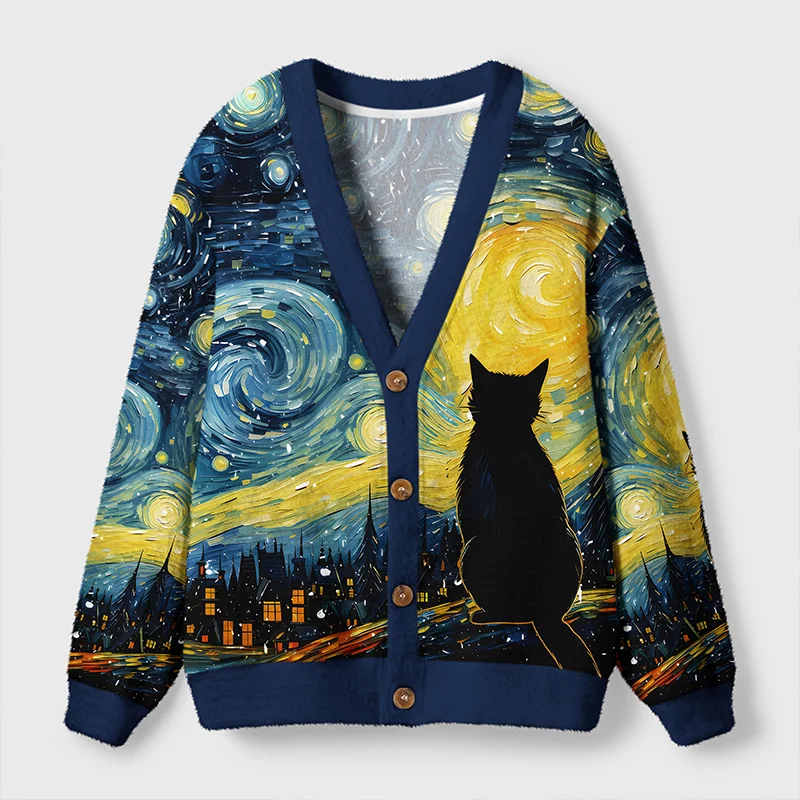Tokyo-Tiger Black Cat Under The Stars Ugly Cardigan Sweater