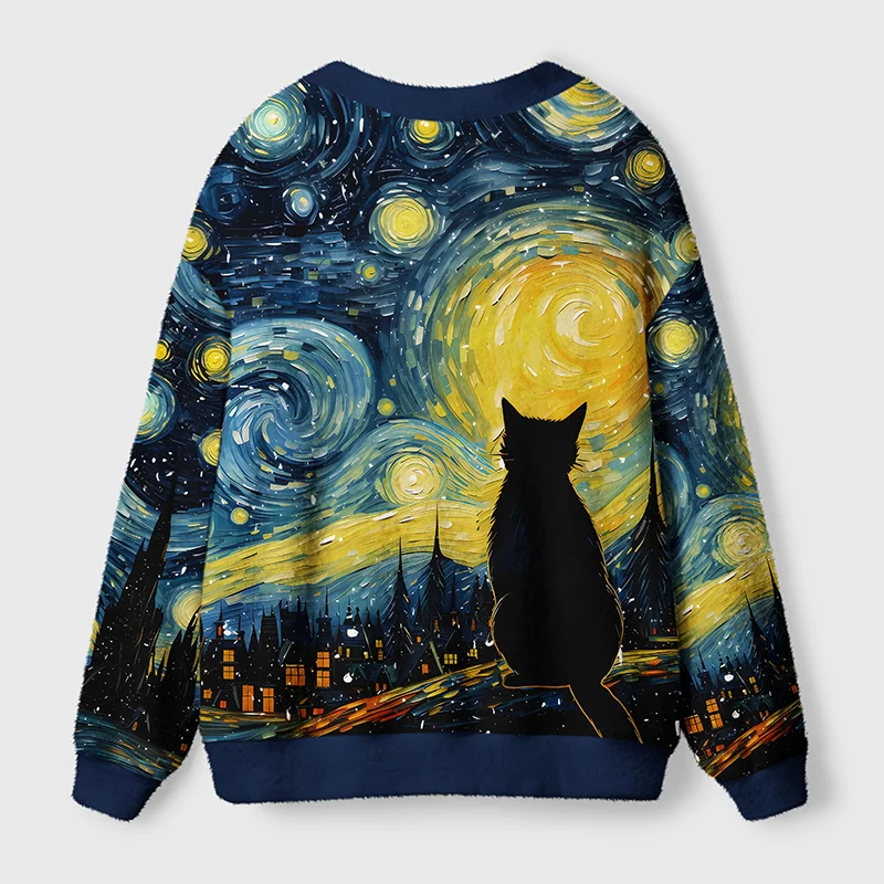 Tokyo-Tiger Black Cat Under The Stars Ugly Cardigan Sweater