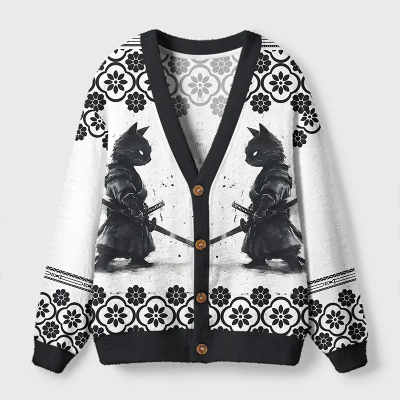 Tokyo-Tiger The Way of the Samurai Cat Ugly Cardigan Sweater