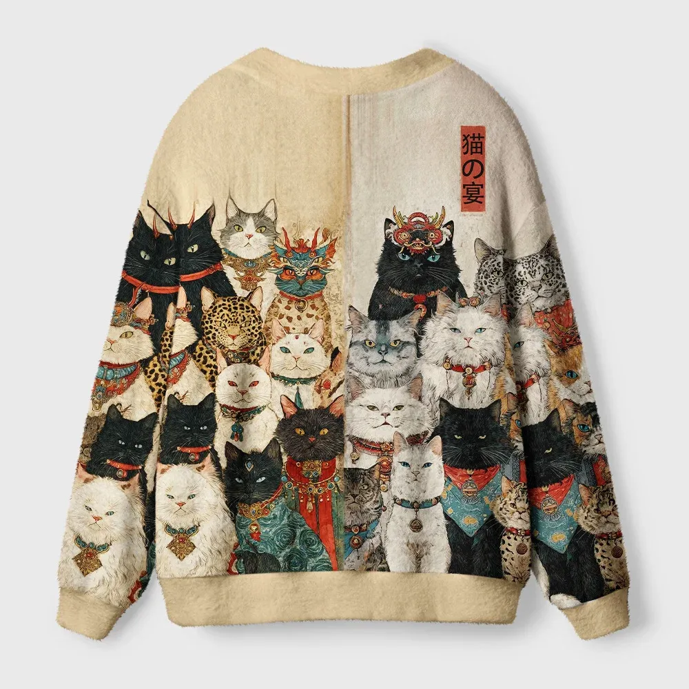 Tokyo-Tiger Cats Of The Grand Banquet Ugly Cardigan Sweater