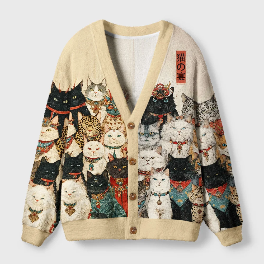 Tokyo-Tiger Cats Of The Grand Banquet Ugly Cardigan Sweater
