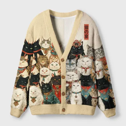 Tokyo-Tiger Cats Of The Grand Banquet Ugly Cardigan Sweater
