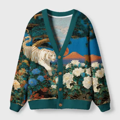 Tokyo-Tiger White Tiger Ukiyo-e Ugly Cardigan Sweater