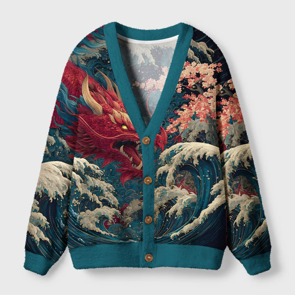 Tokyo-Tiger Red Dragon Ukiyo-e Ugly Cardigan Sweater