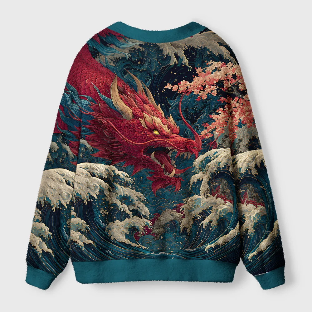 Tokyo-Tiger Red Dragon Ukiyo-e Ugly Cardigan Sweater