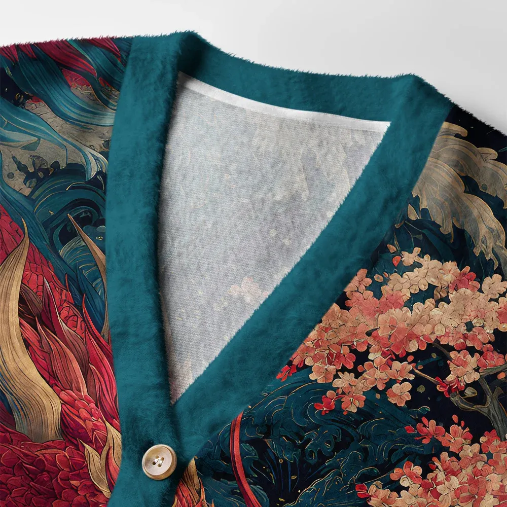 Tokyo-Tiger Red Dragon Ukiyo-e Ugly Cardigan Sweater