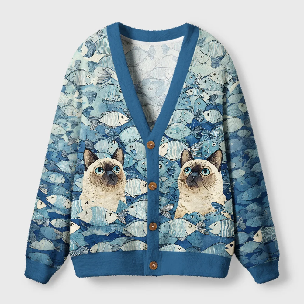Tokyo-Tiger Siamese Cat Among The Fish Ugly Cardigan Sweater