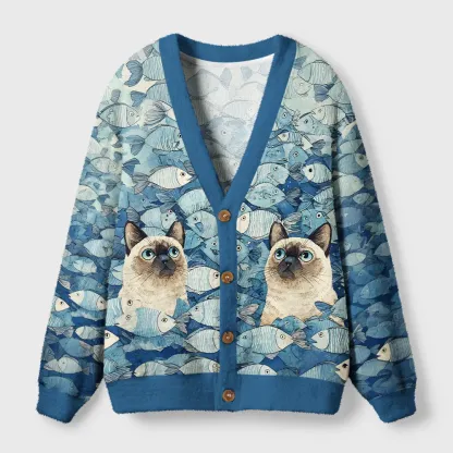 Tokyo-Tiger Siamese Cat Among The Fish Ugly Cardigan Sweater