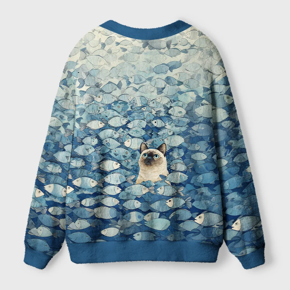 Tokyo-Tiger Siamese Cat Among The Fish Ugly Cardigan Sweater