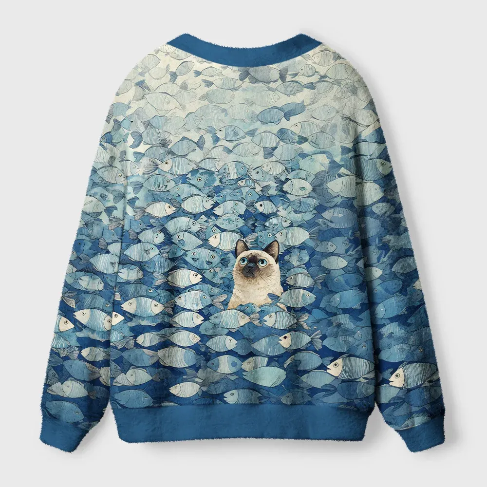 Tokyo-Tiger Siamese Cat Among The Fish Ugly Cardigan Sweater