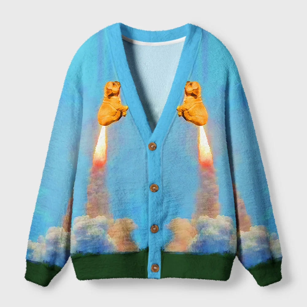 Tokyo-Tiger Funny Dog：Goodbye Earth Hello Chaos Ugly Cardigan Sweater