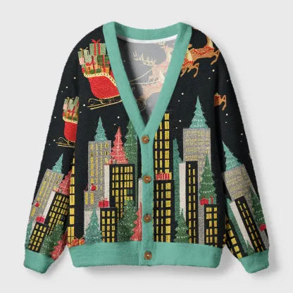 Tokyo-Tiger Santa’s Midnight Flight Ugly Cardigan Sweater