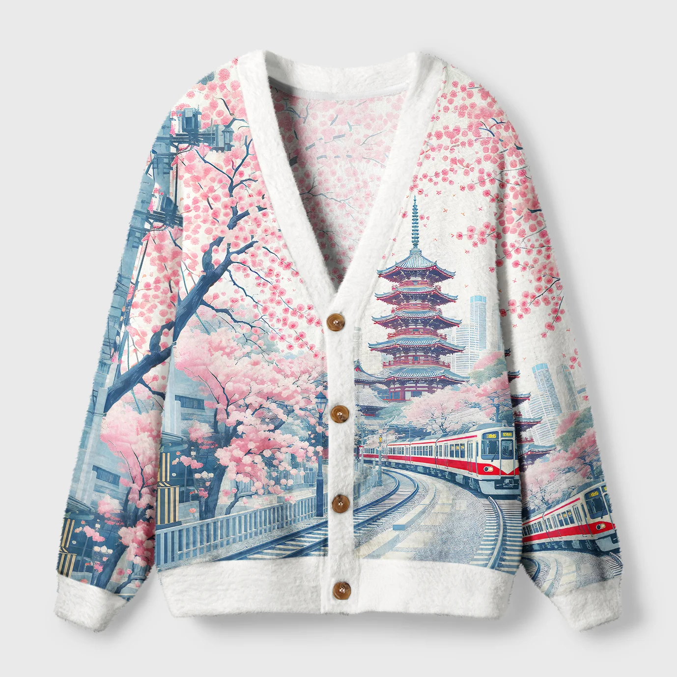 Tokyo-Tiger Springtime Train Scenery Ugly Cardigan Sweater