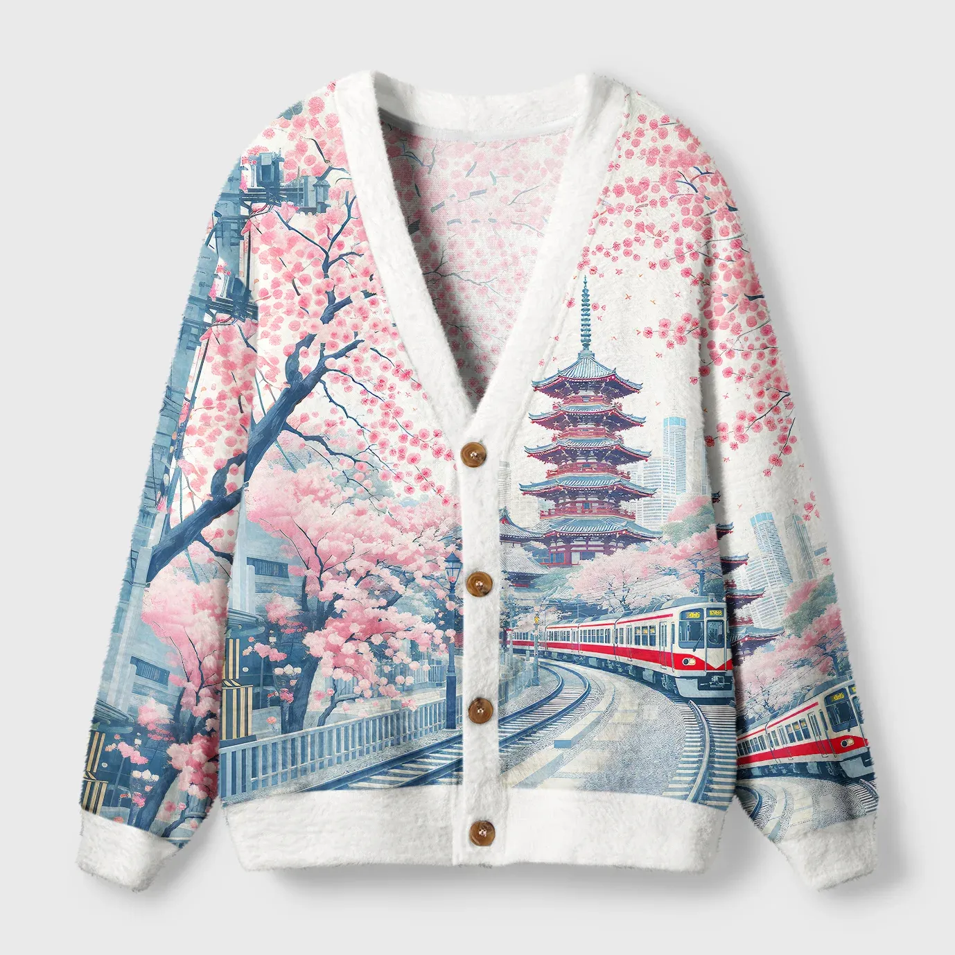 Tokyo-Tiger Springtime Train Scenery Ugly Cardigan Sweater Sale