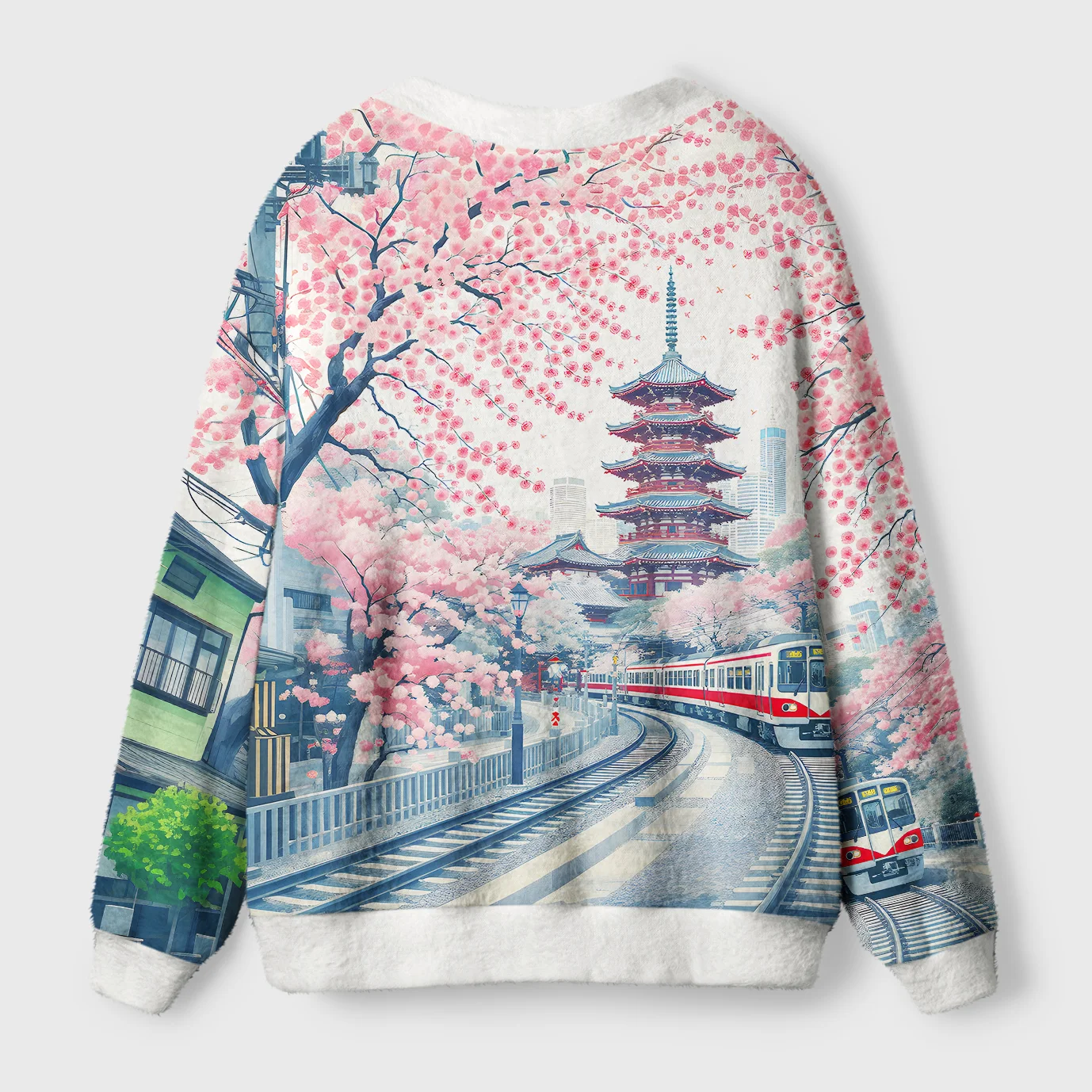 Tokyo-Tiger Springtime Train Scenery Ugly Cardigan Sweater