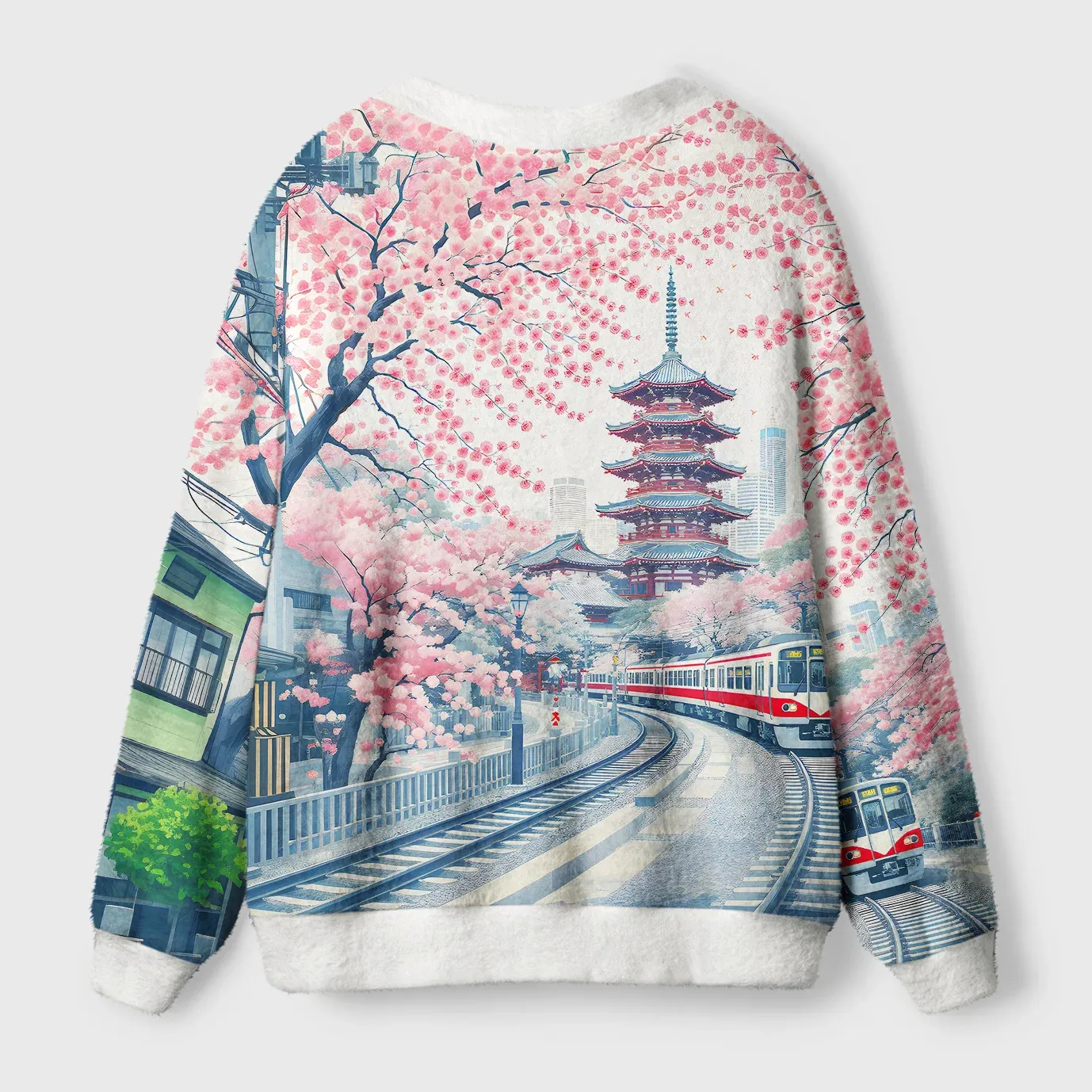 Tokyo-Tiger Springtime Train Scenery Ugly Cardigan Sweater