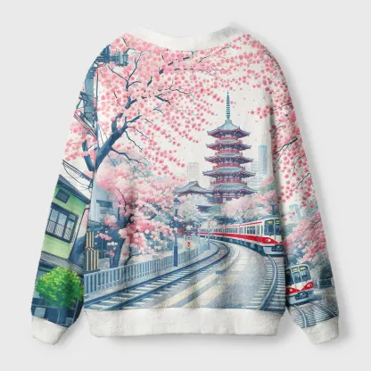 Tokyo-Tiger Springtime Train Scenery Ugly Cardigan Sweater