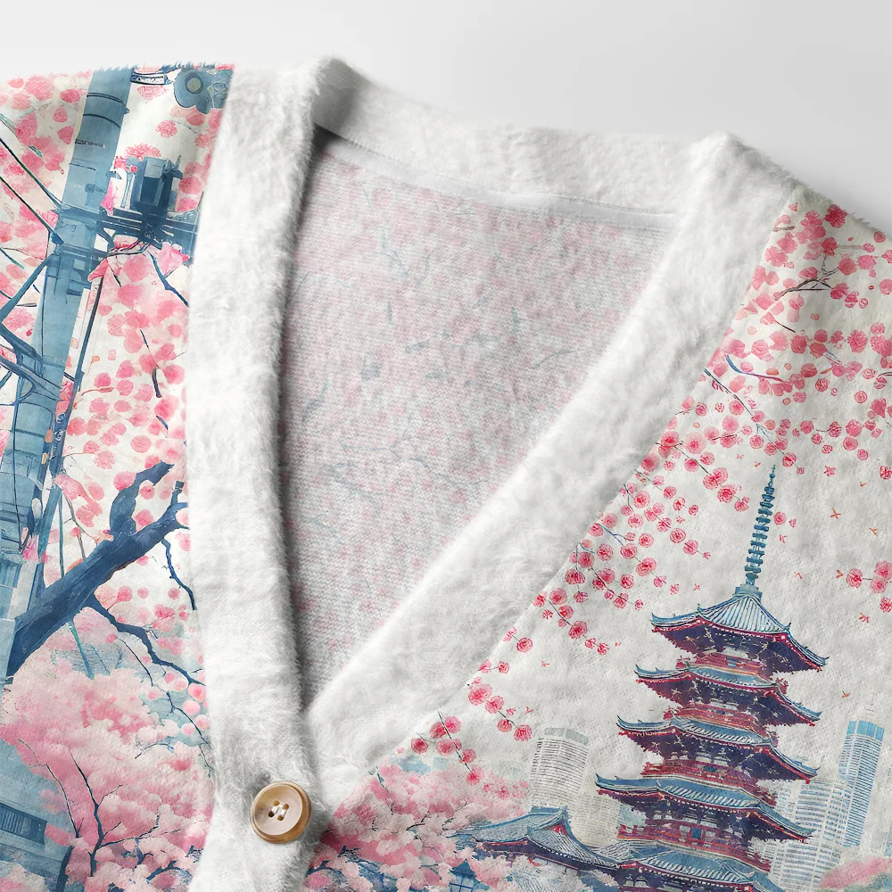 Tokyo-Tiger Springtime Train Scenery Ugly Cardigan Sweater