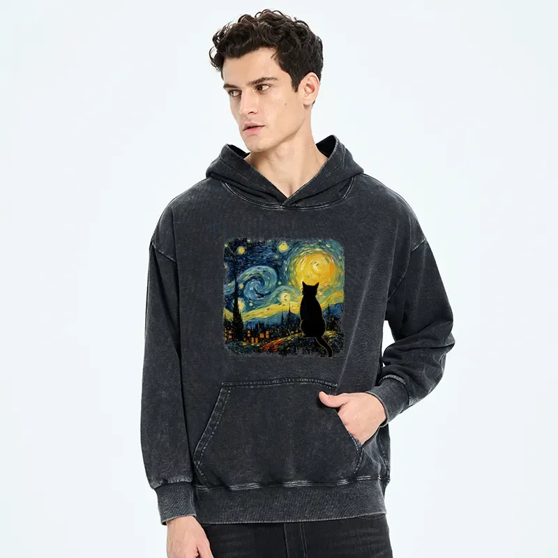 Tokyo-Tiger The Starry Night Cat Washed Hoodie
