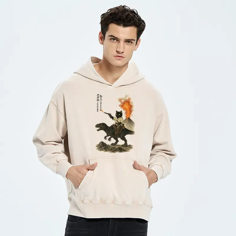 Tokyo-Tiger Cat Riding A Dinosaur Washed Hoodie