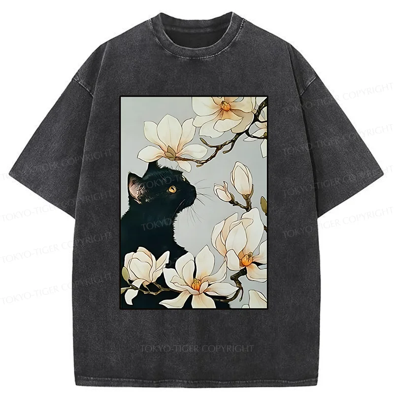 Tokyo-Tiger Cat Under Magnolia Blossoms Washed T-Shirt