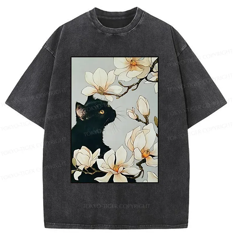 Tokyo-Tiger Cat Under Magnolia Blossoms Washed T-Shirt