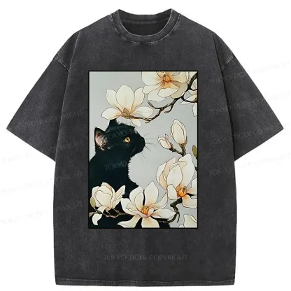 Tokyo-Tiger Cat Under Magnolia Blossoms Washed T-Shirt